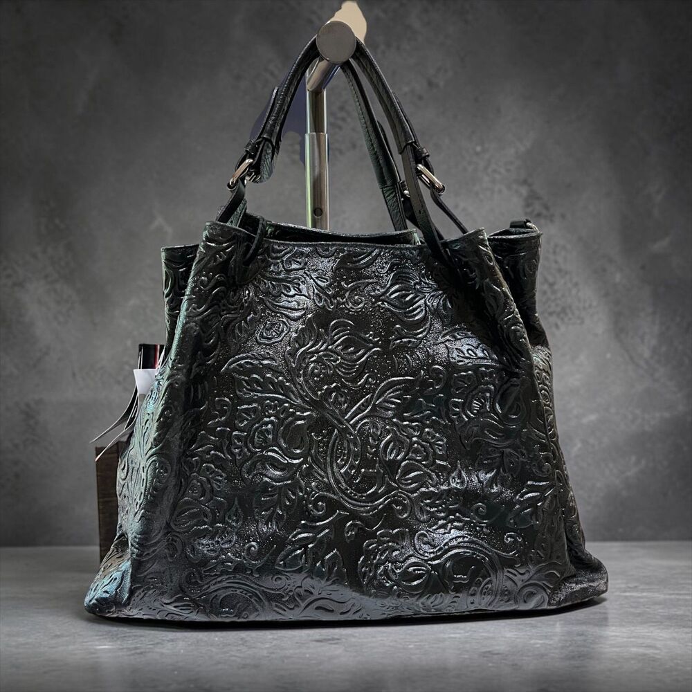 Isadora Italy Embossed Black Leather Satchel Shoulder bag Crossbody  NWT $299
